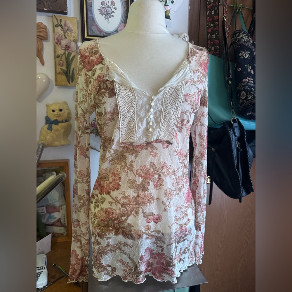 vintage Denim & Supply Ralph Lauren Pink Floral Lace-Trim Long Sleeve blouse
